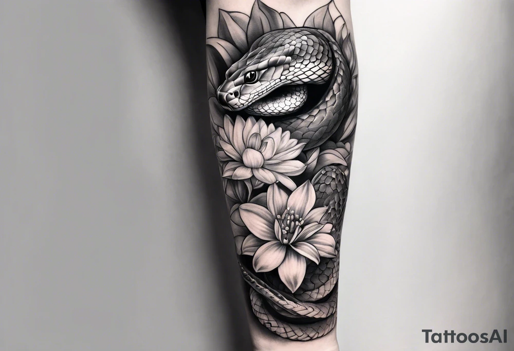 High contrast black and grey forearm snake and flower sleeve tattoo idea High contrast black and grey forearm snake and flower sleeve tattoo idea