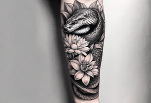 High contrast black and grey forearm snake and flower sleeve tattoo idea