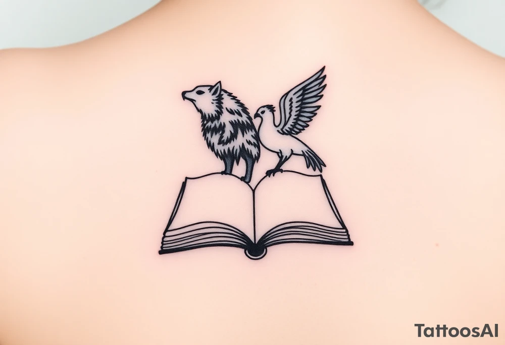 An open book with silhouettes of a werewolf, owl, dragon & phoenix above it tattoo idea