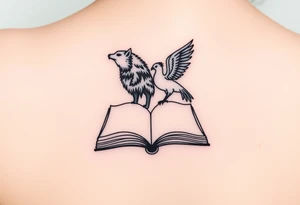 An open book with silhouettes of a werewolf, owl, dragon & phoenix above it tattoo idea
