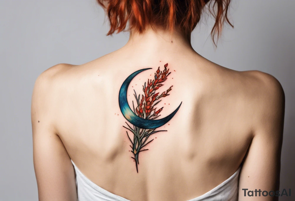 Small tattoo of ocotillo plant on the chest of a woman in the shape of a crescent, Van Gogh style, vibrant colors, high quality, Van Gogh style, vibrant colors, detailed, professional, atmospheric lighting tattoo idea