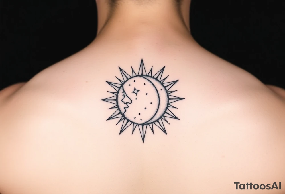 celestial sun and moon embrace with constellation patterns tattoo idea
