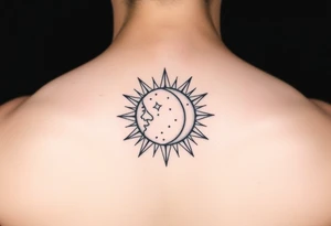 celestial sun and moon embrace with constellation patterns tattoo idea