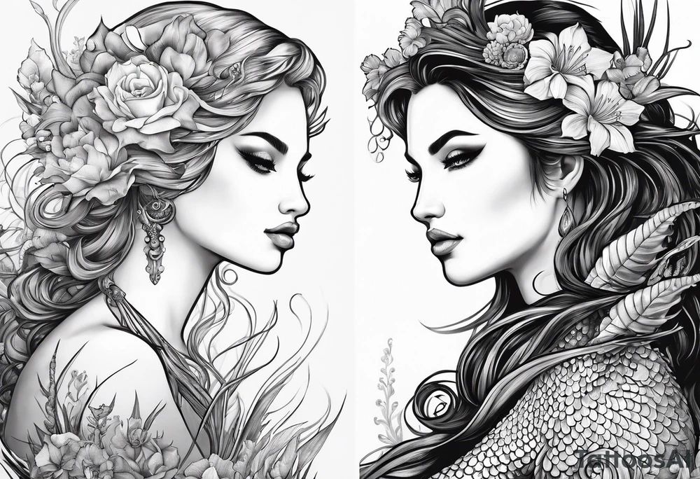 Mermaid face and half body looking at seahorse both on side profile. Trident near hair, horns coming from head. Flowers and reeds, tattoos on skin, big lips and eyes tattoo idea