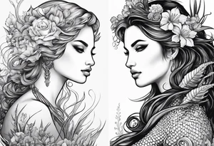 Mermaid face and half body looking at seahorse both on side profile. Trident near hair, horns coming from head. Flowers and reeds, tattoos on skin, big lips and eyes tattoo idea