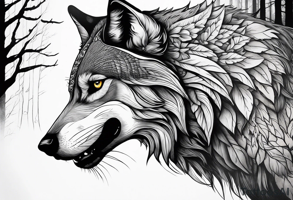 main character is an impressive powerful wolf, a crow talks to the wolf, background a gloomy mysterious forest tattoo idea