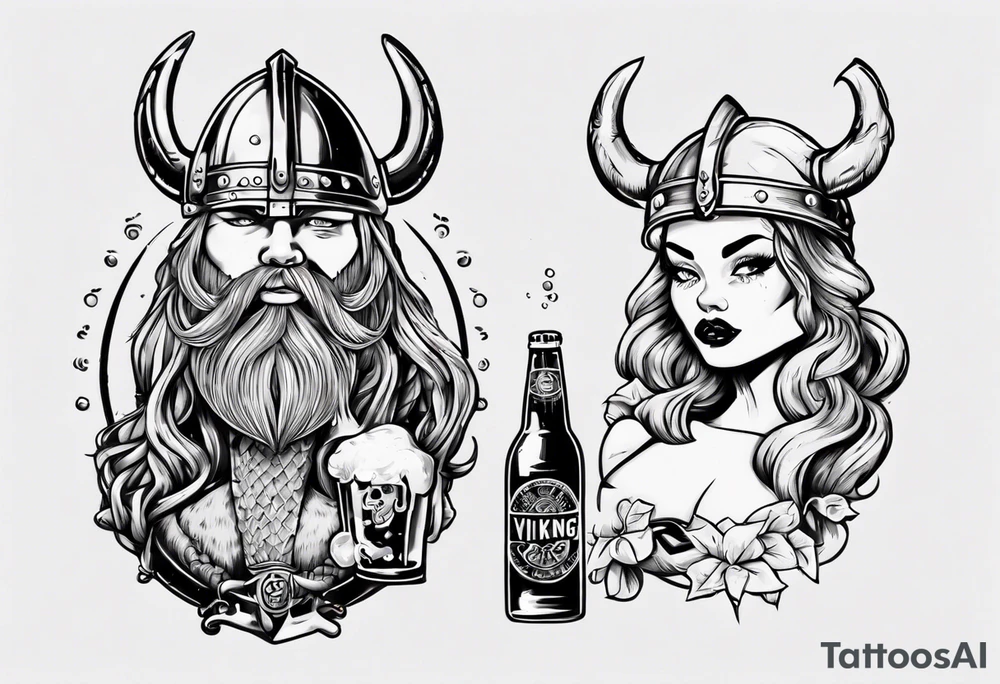 Viking and pin up doll drinking beer tattoo idea