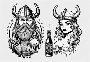 Viking and pin up doll drinking beer tattoo idea