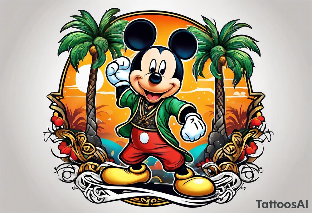 mickey mouse doing martial arts with palm trees, lightning storm and the celtic symbol for family tattoo idea
