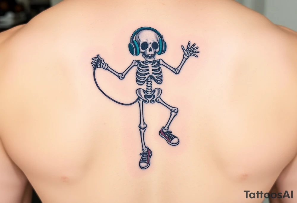 Funny small skeleton jumping on jump rope with a blue headphones and blue tennis shoes tattoo idea