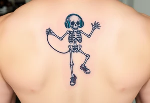 Funny small skeleton jumping on  jump rope with a blue headphones and blue tennis shoes tattoo idea