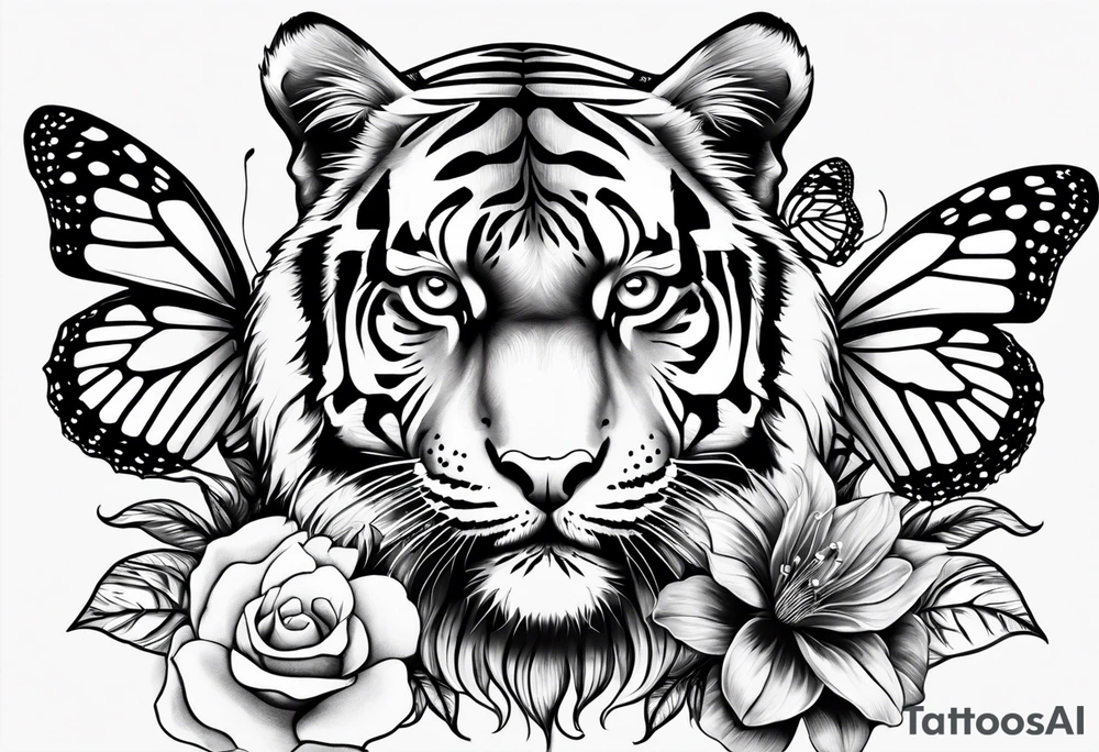 tiger, 3 buterflies, flowers tattoo idea