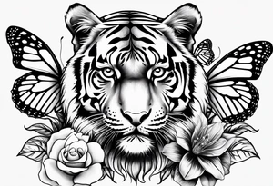 tiger, 3 buterflies, flowers tattoo idea