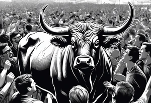 Large bull with horns busting through crowd of people tattoo idea