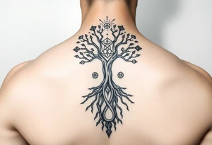 geometrical mystical tree of life with cosmic roots and celestial symbols branches with HIV-positive symbol tattoo idea