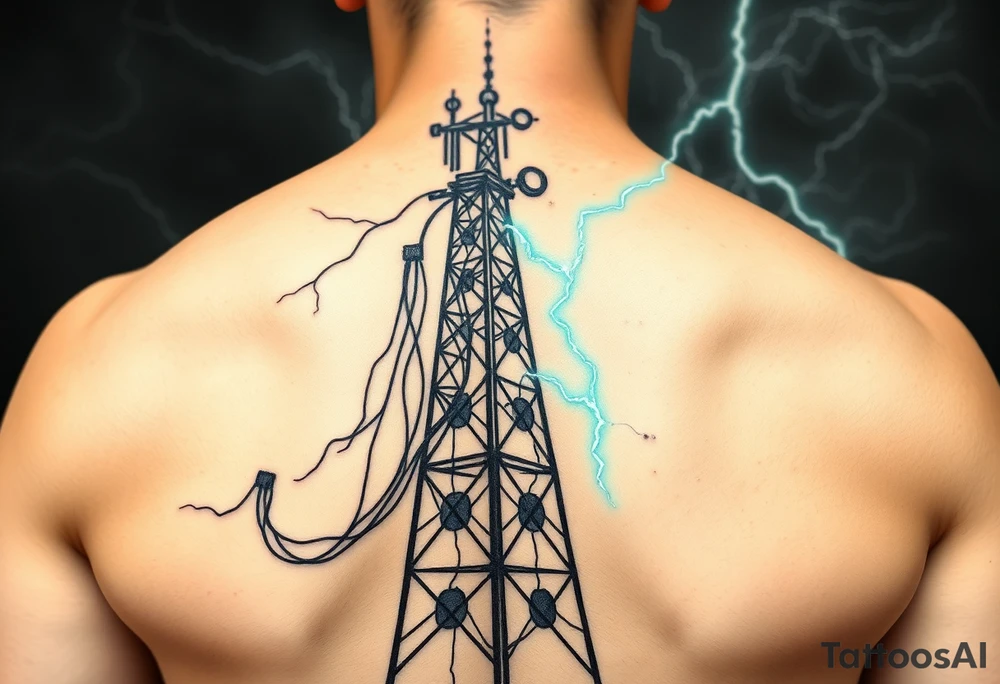 Dystopian Radio Tower with Lightning Strikes
A rusted, cyberpunk-style radio tower with crackling energy waves.
Wires hanging off like vines, with a neon-blue or green storm in the background.
Could feature a signal interference/glitch motif. tattoo idea