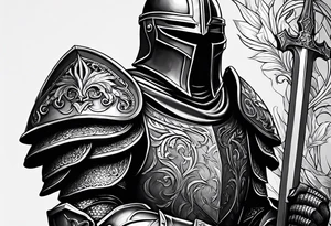 knight with heavy armor with letters RJL on chest tattoo idea