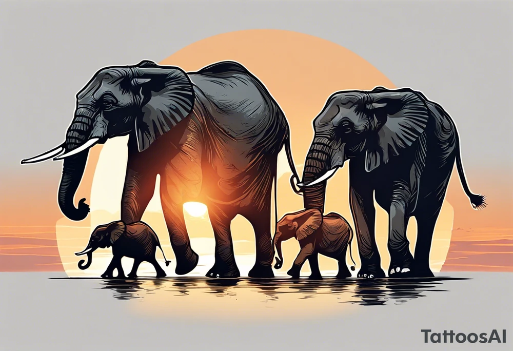 family of 6 elephants walking into sunset after one of them has died tattoo idea