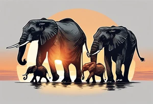 family of 6 elephants walking into sunset after one of them has died tattoo idea