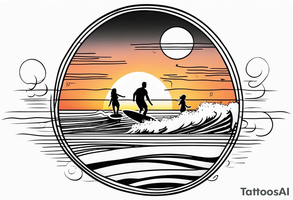 Black and white Line work tattoo depicting a father surfing with his two daughters.  The sunset and horizon have musical notes. tattoo idea