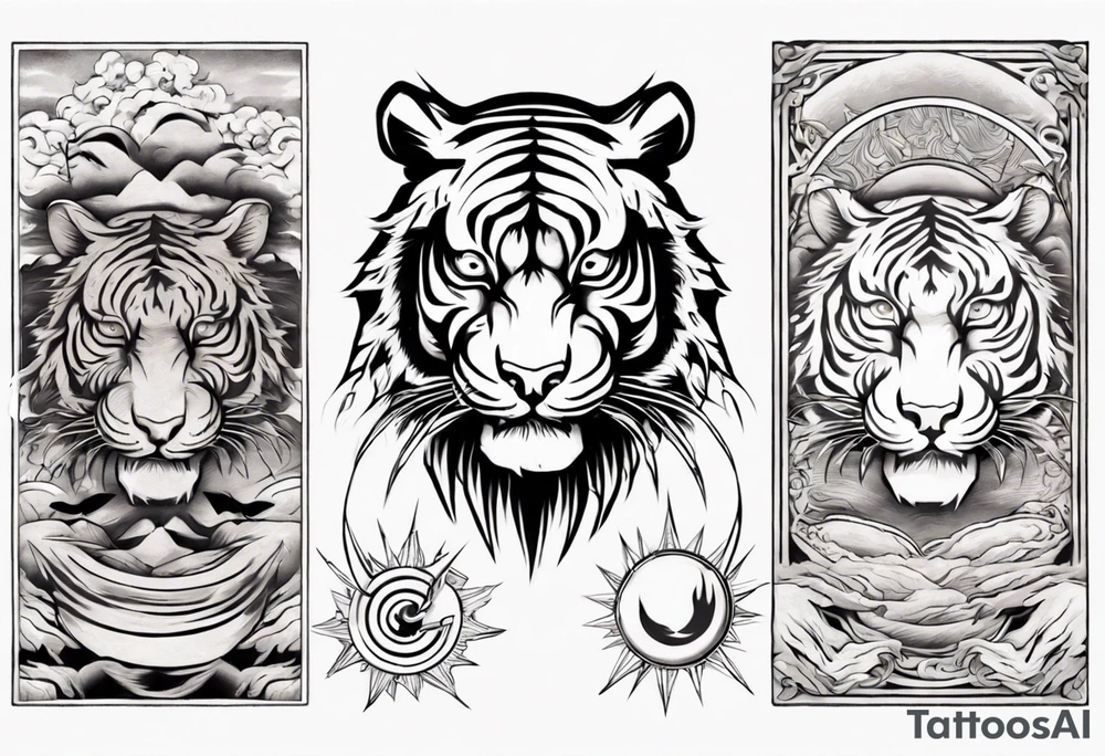 Ancient tiger with lightning and a sun for a forearm sleeve. With patterns surrounding it tattoo idea