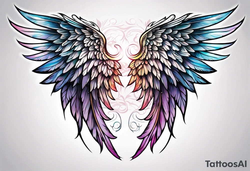 beautiful angel wings. with flilgree in the background tattoo idea