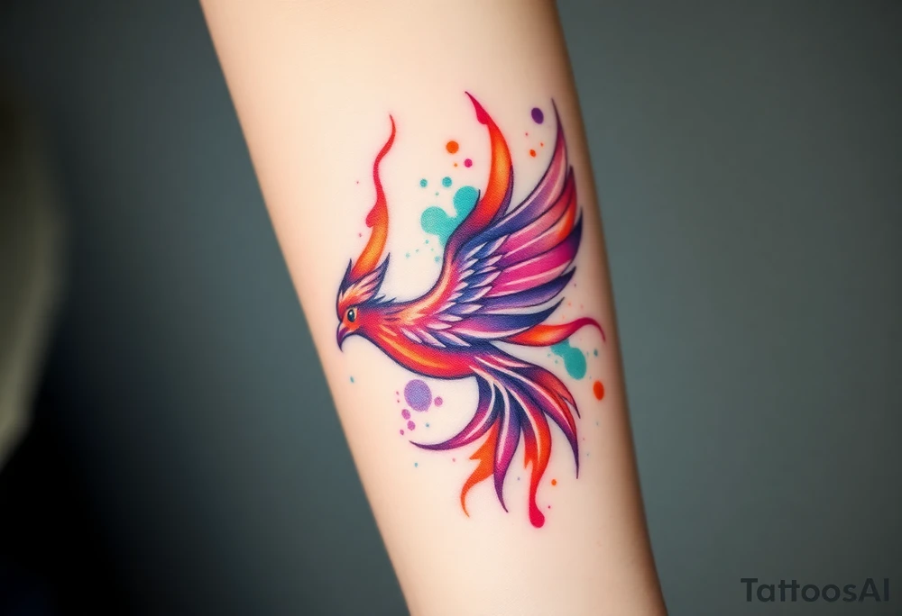 Phoenix with blazing flames with purple, orange, teal and green splashes tattoo idea