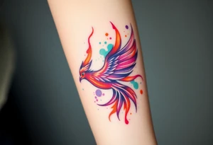 Phoenix with blazing flames with purple, orange, teal and green splashes tattoo idea