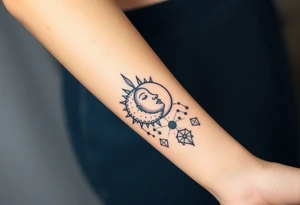 celestial sun and moon embrace with constellation patterns tattoo idea