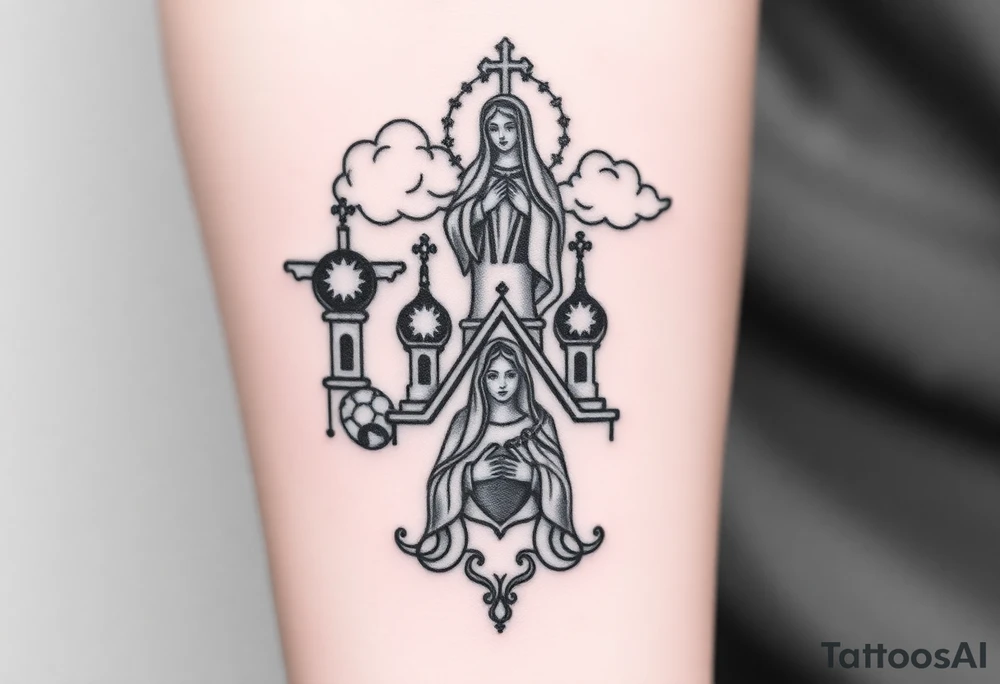 Russian Orthodox church with orthodox spire crosses, with clouds above it and a virgin mary seperately looking over hands on heart sat above tattoo idea