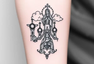 Russian Orthodox church with orthodox spire crosses, with clouds above it and a virgin mary seperately looking over hands on heart sat above tattoo idea