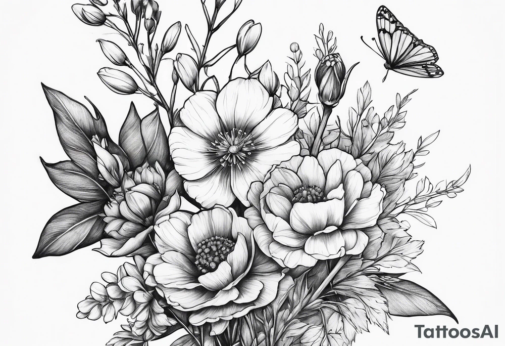 small long stem wildflower bouquet across fott tattoo idea