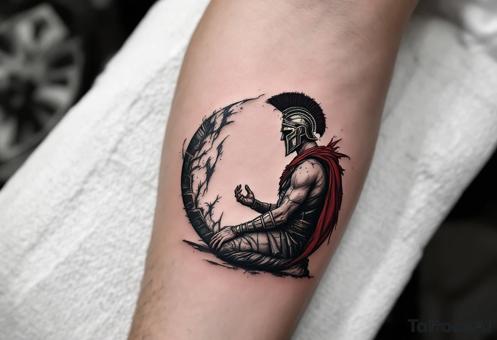 Under the Emperor’s Gaze – A black-and-gray realism piece of a gladiator kneeling before the Roman Emperor, awaiting judgment. His rusted iron helmet is cracked, and his red sash trails in the wind, symbolizing fate. tattoo idea