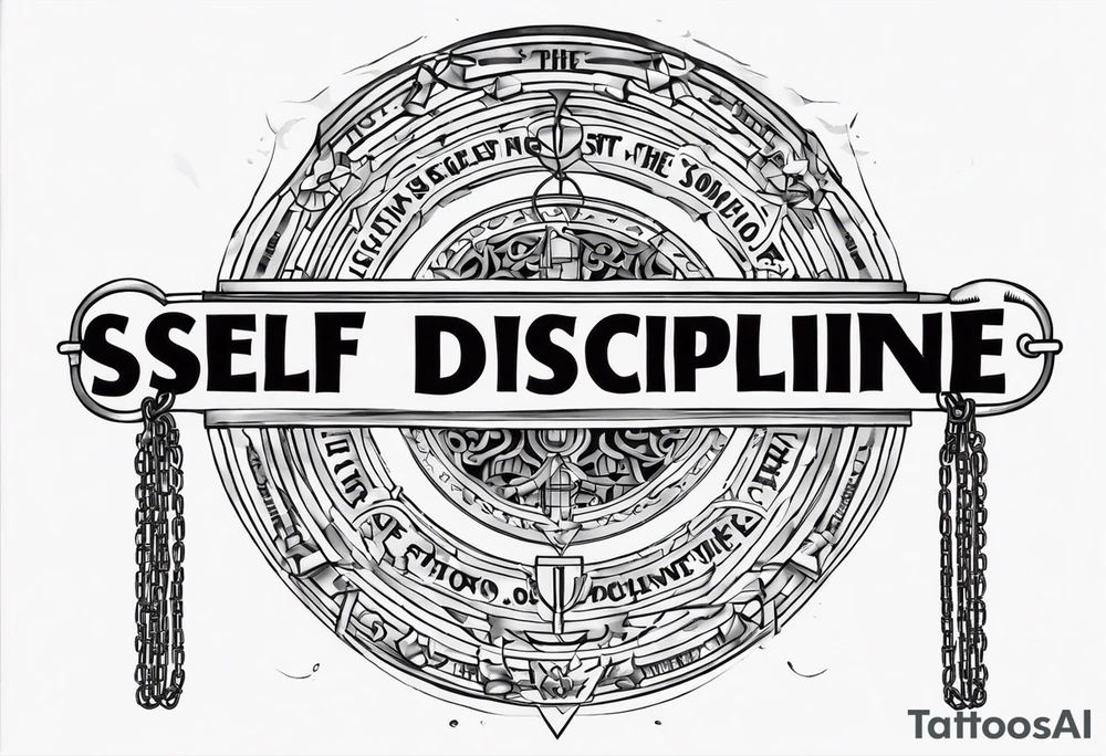 Tattoo of the word 'Self discipline' tied on both ends with metal chains and connected in the middle with a lock tattoo idea