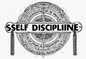 Tattoo of the word 'Self discipline' tied on both ends with metal chains and connected in the middle with a lock tattoo idea