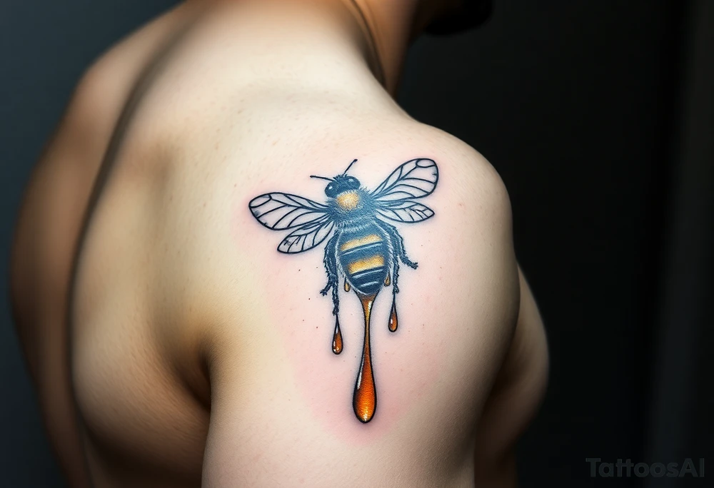 honeycomb with bee and dripping honey on a steampunk design on the upper arm tattoo idea