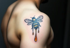 honeycomb with bee and dripping honey on a steampunk design on the upper arm tattoo idea