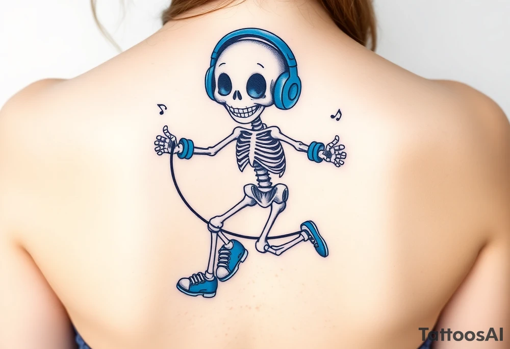 Cute smiling skeleton jumping on a jump rope with blue headphone and blue tennis shoes and blue armbands with nice  music notes on the headphones tattoo idea