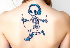 Cute smiling skeleton jumping on a jump rope with blue headphone and blue tennis shoes and blue armbands with nice  music notes on the headphones tattoo idea