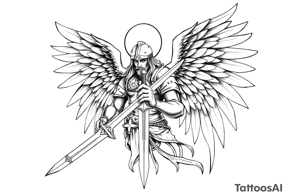 Holy Archangel, Biblical, Christianity, Hebrew, Guards of Christianity, Holding a sword, having six wings, wearing helmet, halo, seraphim, seek justice, walk only with God tattoo idea