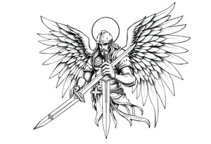 Holy Archangel, Biblical, Christianity, Hebrew, Guards of Christianity, Holding a sword, having six wings, wearing helmet, halo, seraphim, seek justice, walk only with God tattoo idea