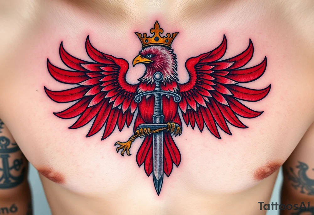 A majestic red and white Moravian eagle with golden crown on its head holding a sword in its talons, surrounded by flames tattoo idea