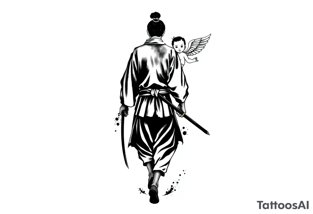 "Blackwork tattoo sketch of a lone samurai walking forward, shown in dramatic silhouette style. The samurai wears traditional kimono and hakama, holding a katana in one hand with the blade pointing downward. Behind him floats a small child angel with detailed feathered wings, gently touching the samurai’s back with one hand, as if stopping or guiding him. Strong contrast, dynamic ink splatter, rough brush strokes, Japanese sumi-e vibe, emotional and symbolic composition, high detail linework, no background." tattoo idea