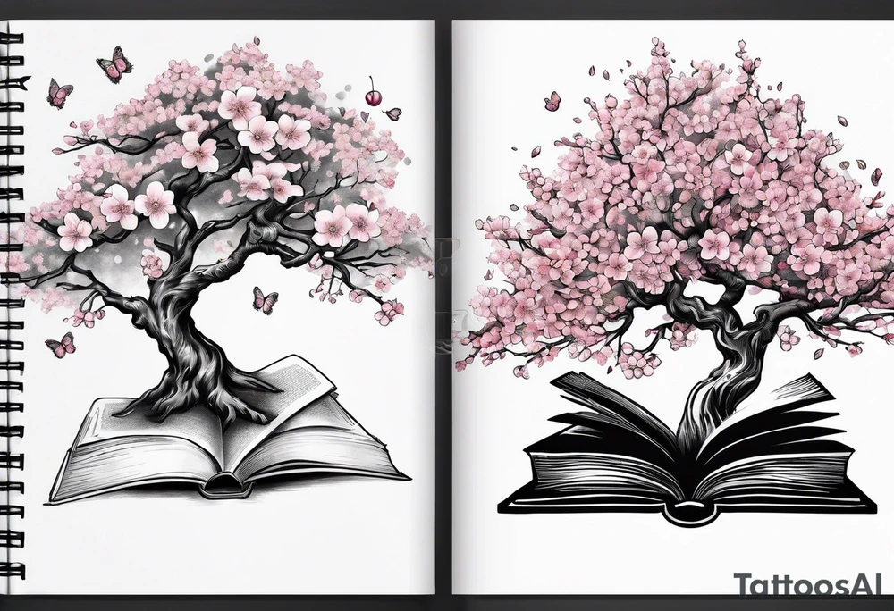 Cherry blossom tree growing out of an open book tattoo idea