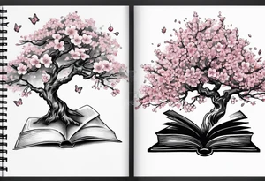 Cherry blossom tree growing out of an open book tattoo idea