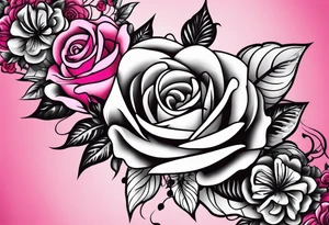 Floral leg piece with beading and lace tattoo idea. pink.hot pink, old school style roses, monochromatic pinks, old school flowers tattoo idea