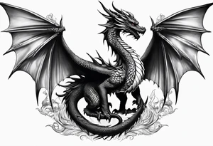 Mother dragon wings spread protecting her three young dragon babies tattoo idea