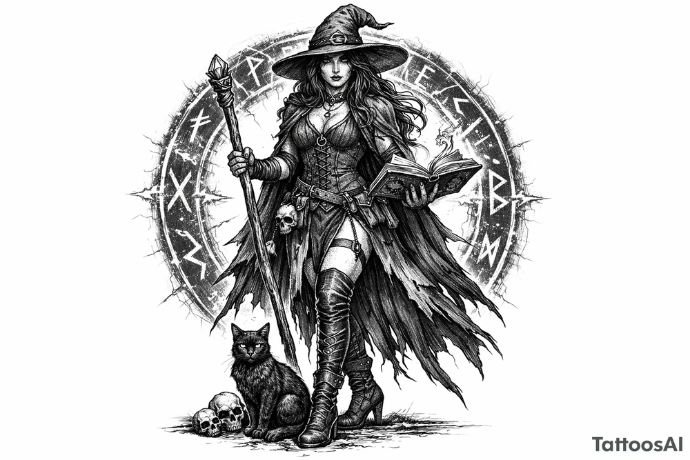 Full body illustration of a witch with a cat, surrounded by a circle of glowing runes. tattoo idea