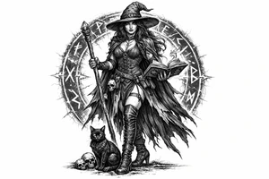 Full body illustration of a witch with a cat, surrounded by a circle of glowing runes. tattoo idea