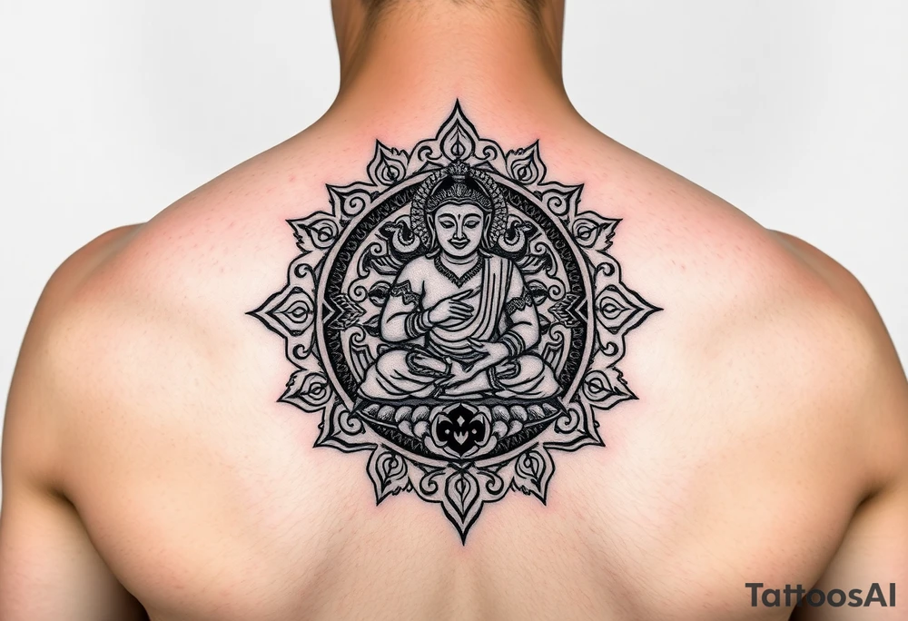 "Tibetan thangka tattoo. Geometric patterns, black/red ink." tattoo idea